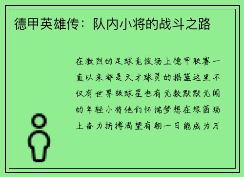 德甲英雄传：队内小将的战斗之路