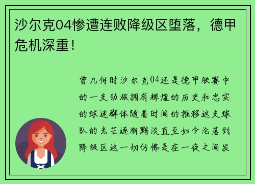 沙尔克04惨遭连败降级区堕落，德甲危机深重！