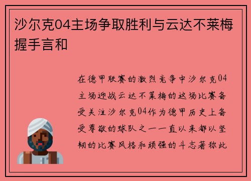 沙尔克04主场争取胜利与云达不莱梅握手言和